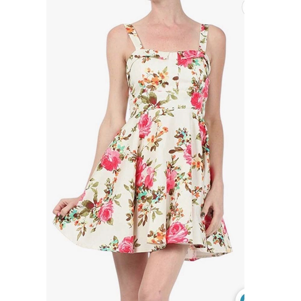 Modcloth IXIA Ivory Rose Bush Floral Fold Over Pinup Fit and Flare Dress Sz S